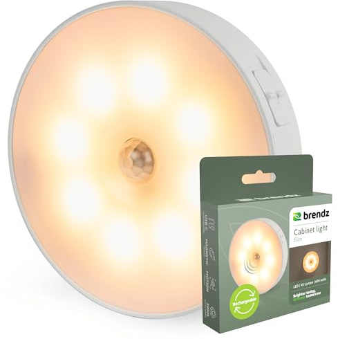 Brendz LED Rundes Schranklicht mit Bewegungsmelder, USB-C Wiederaufladbar, Magnetisch, Warmweiß 3000K, Kabellose Schrankbeleuchtung, Treppenbeleuchtung, Sensor Licht