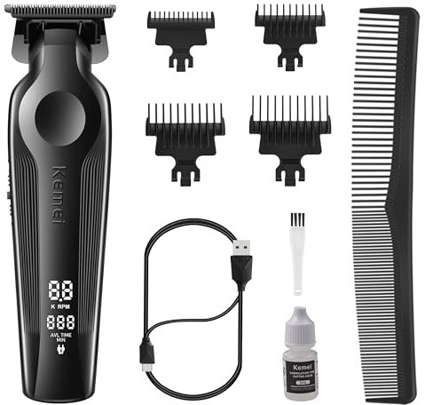 KEMEI Haarschneider, Elektrischer Haarschneider für Herren, Kabellos, Wiederaufladbar, Zero Gappe-Trimmer für Herren mit T-Klinge, Friseurschere mit LED-Anzeige, Schwarz