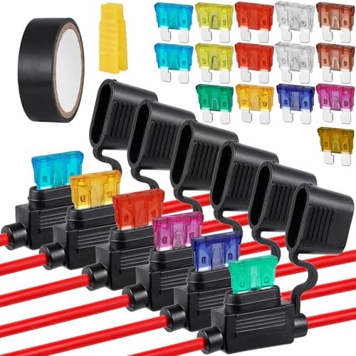 Ysimple 6Pcs Inline Fuse Holder 12AWG(2)+16AWG(4), ATC/ATO Waterproof Fuse Holder 12V with 15Pcs Standard Blade Fuses 3A/5A/7.5A/10A/15A/20A/25A/30/35A/40A, Car Fuses Set for Car/Truck/Motorbike/Boat