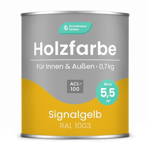 Grundmann Holzfarbe ACL 100 - Holzlack 0,7 Kg Gelb - 4in1 inkl. Grundierung - Seidenmatt - Wetterfest für Innen & Außen - RAL 1003 Signalgelb