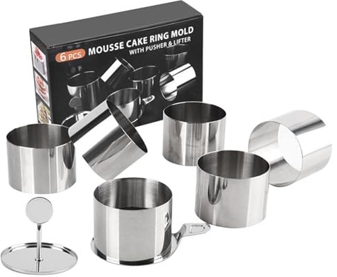 6PCS 3 Inch Cake Rings, Stainless Steel Mousse Ring with 1 Food Press and 1 Spatula, 7.5x5.5cm Round Mould for Baking, Mousse, Crumpets, and Pastry Desserts