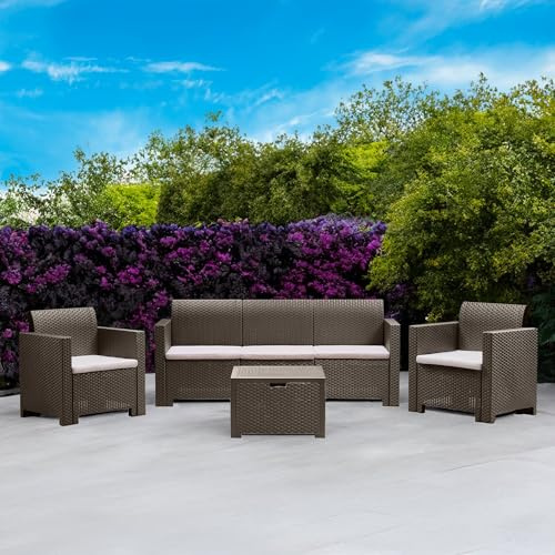 Dmora - Loungeset für draußen Venus, Outdoor-Lounge mit Couchtisch, Terrassenset mit Kissen, Gartenkomposition mit Sofa und Sesseln, Made in Italy, Taube