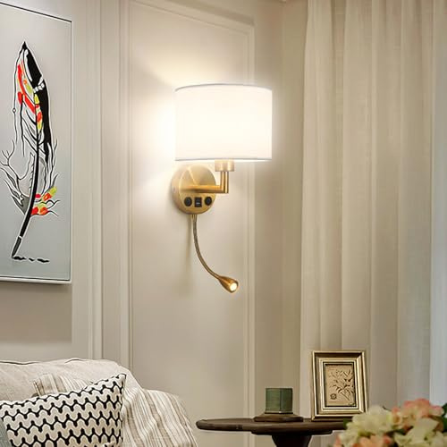 E27 Vintage Lampe Murale Intérieure avec Interrupteur Applique Murale avec Port de Charge USB Luminaire Mural avec Bras de Lecture Réglable Éclairage Mural pour Chambre Salon (Or,Lumière Blanche)