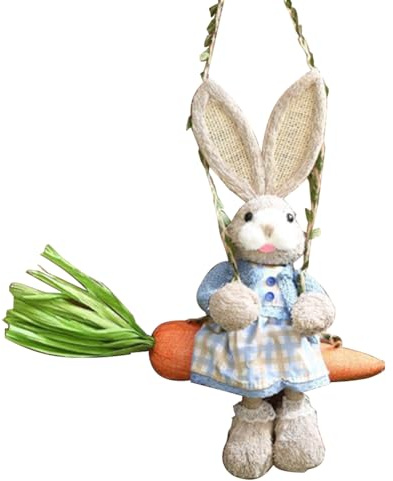 Pqahffowr - Figura de conejo de paja de Pascua, conejo de pajita en columpio de zanahoria, estatua de conejo para colgar ornamento para vacaciones de Pascua, decoración de interior