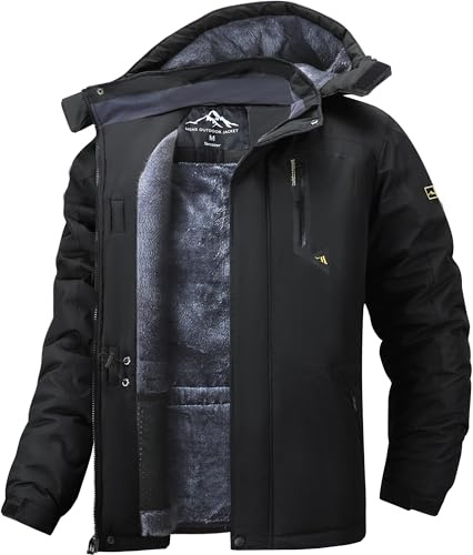Tansozer Ski Veste Hommes Hiver Imperméable Blouson d'hiver Doublé Chaud Anorak Respirant Randonnée Fleece, Noir, 3XL