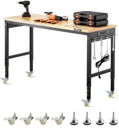VEVOR Banco da Lavoro Regolabile 1524 mm, Carico 907 kg, Presa di Corrente, Tavolo per Lavoro Porta Attrezzi, Piano in Legno di Quercia per Garage, Officina, Ufficio e Casa