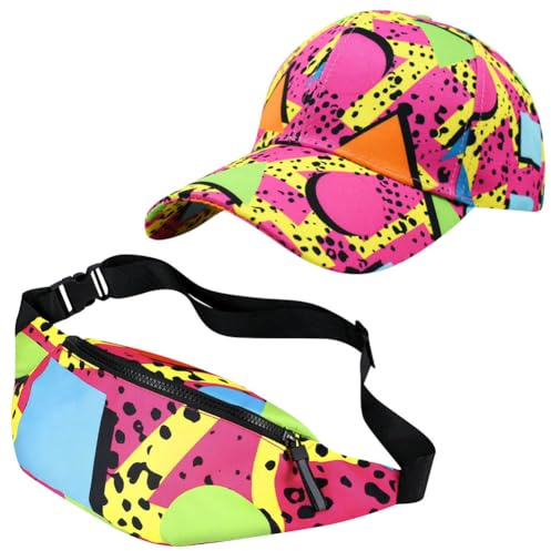 KABAKE 2 Stück 80er 90er Retro Cap für Frauen Männer Fanny Pack Baseball Hut Neon Kostüme Taille Tasche Sonnenhut für Rave Travel Themenparty
