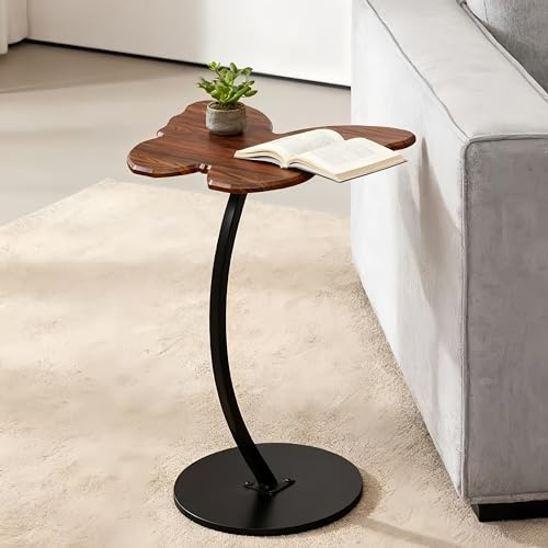 Uwenkjie Table d'appoint en noyer en forme de papillon – 43 x 33 cm – Table d'appoint en bois avec pieds en fer incurvés – Table de canapé/table de chevet rustique pour salon