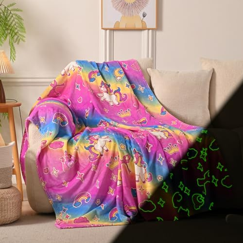 Lotus Karen Unicorn Glow in The Dark Blanket Unicorn Toys Girl Gifts for 1 2 3 4 5 6 7 8 9 10 11 12 Year Old Kids Blanket with Stars Cloud Crown Bow Birthday Halloween Room Decor（Rainbow 50×60