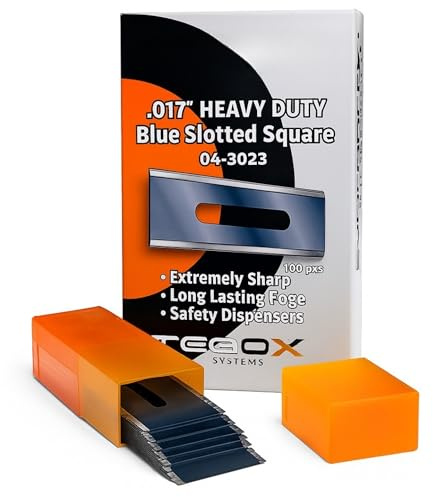 Heavy Duty Blue Slotted Square Carpet Blades .017'' – 100 Pack Professional Razor Sharp Utility Blades for Flooring Installation – Long Lasting Edge & Safety Dispenser