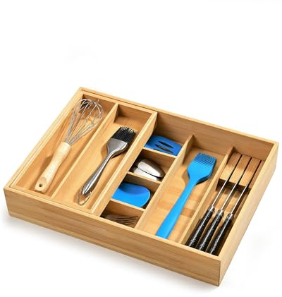 HULISEN Double Layer Bamboo Utensil Drawer Organizer, 2 Tier Silverware Cutlery Drawer Organizer with Sliding Top & Removable Knife Holder, Deep 8-Slot Kitchen Drawer Organizer