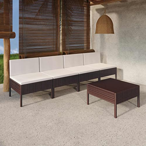 Hoopleep 5-TLG. Garten-Lounge-Set, Poly Rattan Braun, mit Cremeweißen Auflagen, Modulares Outdoor Möbel Set für Terrasse, Balkon