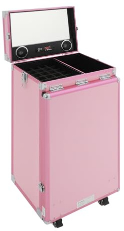 Gdetnysty Resor makeupväska make-up tåg resväska kosmetisk vagn med spegel rullande manikyr bord arrangör med lådor hjul 50 kg lastkapacitet för frisör makeup artist manikyr, ROSA, 57*38*68 cm/22,44