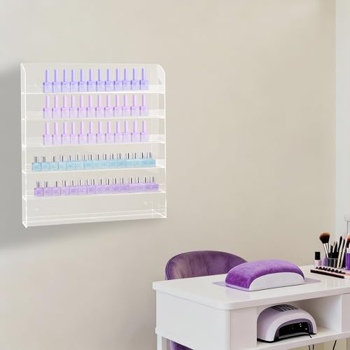 Hurrylying Acrylic Wall Mounted Nail Polish Organiser Rack, 6 Tiers, Acrylic Wall Mounted Storage Organiser for Salon Home for Beauty Shops Retail Stores Nail Enthusiasts Clear