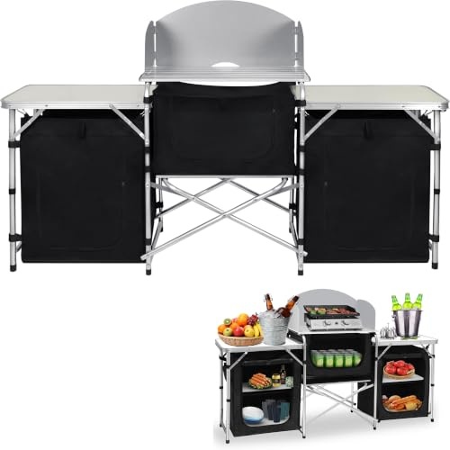 Abhpjuy Campingküche Faltbar Campingschrank Einstellbar Reiseküche mit Aluminiumgestell Camping Regal Zeltschrank Outdoor Küchenbox campingtisch inkl. Tragetasche (120 x 47x 68cm)