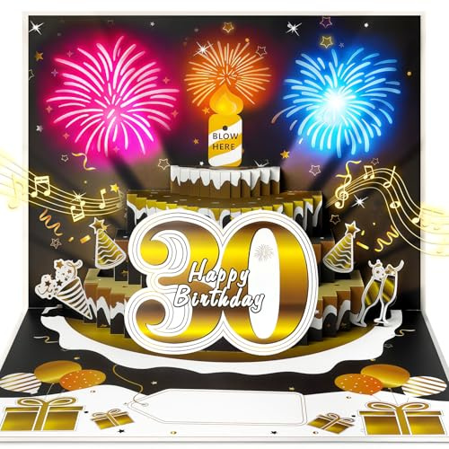 YianHien Geburtstagskarte 30 Mann mit Musik, Licht und ausblasbarer Kerze | 3D Pop Up Karte Geburtstag, Geschenk zum 30 Geburtstag Männer, Happy Birthday Deko