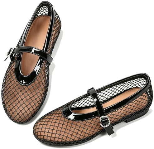 Women's Mesh Ballet Flats Round Toe Fishnet Ballerina Flats Casual Summer Dress Flat Shoes for Office Daily Events Party (Black, Adult, Women, 6, Numeric, UK Footwear Size System, Medium)