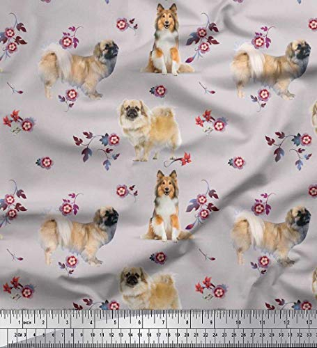 Soimoi Grau Baumwolle Ente Stoff floral, Sheltie & Pekingese Hund Stoff Meterware 56 Zoll breit