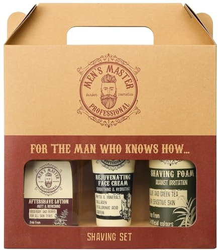 Men's Master Set Regalo per Uomo 3 Unità | Shaving Set | Schiuma Idratante da Barba | Lozione Lenitiva per Dopobarba | Crema Rigenerante Viso Antirughe | Cura del Viso Maschile | Senza Parabeni