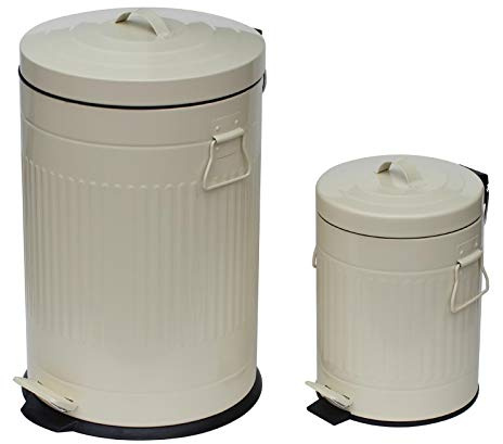 2PC Traditional Pedal Dustbin Set: 20L 20 Litre & 5L 5 Litre Duo Set - Cream - Vintage Style Indoor Household Pedal Dustbin Set with Removable Inner Bucket.