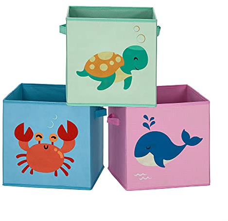 SONGMICS Aufbewahrungsboxen, 3er Set, Faltboxen, Stoffboxen mit Griffen, Spielzeug-Organizer, 30 x 30 x 30 cm, für Kinderzimmer, Spielzimmer, Meer-Motive, blau, grün und rosa RFB701Y03