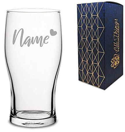 Personalised Engraved Pint Glass with Name and Heart Design, Gift Boxed, Personalise with Any Name