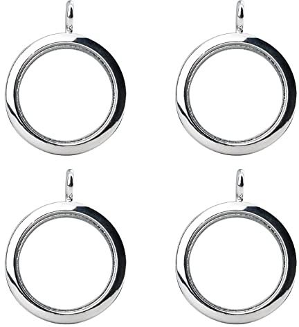 WANDIC Glossy Photo Charms, 4 Pieces Silver Round Memory Locket Pendant Bridal Wedding Bouquet Charms for Photo or Decoration, 30mm