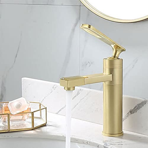 Klobvtt Waschbeckenarmatur aus Messing, Einhandarmaturen aus gebürstetem Gold mit hohem/kurzem Körper, Waschtischarmatur für heißes und kaltes Wasser, drehbare Einlochmischer-Toilettenarmaturen