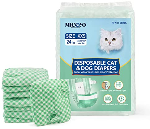MICOOYO Einweg Katzenwindel, Super Saugfähige Haustierwindeln für kleine Katzen und Hündinnen, Auslaufsicheren Katzen Windeln für Frauen in Wärme (Grün, XXS, 24 Stück)