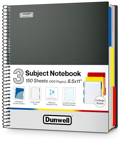 Dunwell 3-Subject Notebook College Ruled 8.5 x 11 (Black), 150 Sheets (300 Pages), Spiral Notebook 8.5x11 with Tabs, Movable Dividers, Storage Pockets, Protective Plastic Covers
