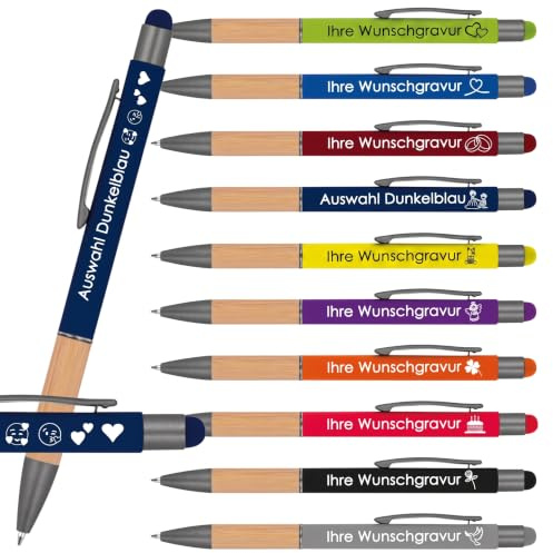 Kugelschreiber mit Gravur mit Bambusgriffzone | blau schreibend | Touchfunktion | Wunschgravur mit Emojis möglich | Werbekugelschreiber personalisiert (Dunkelblau, 25 Stück)