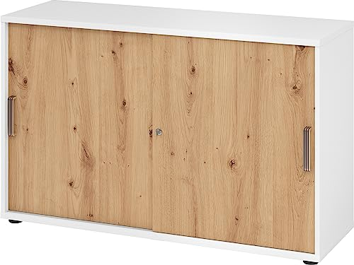 bümö Schiebetürenschrank 2OH - Aktenschrank abschließbar, Sideboard Schrank mit Schiebetüren in Weiß/Asteiche, Streifengriff - Büroschrank aus Holz mit Schiebetür, Büro Kommode für Ordner & Co.