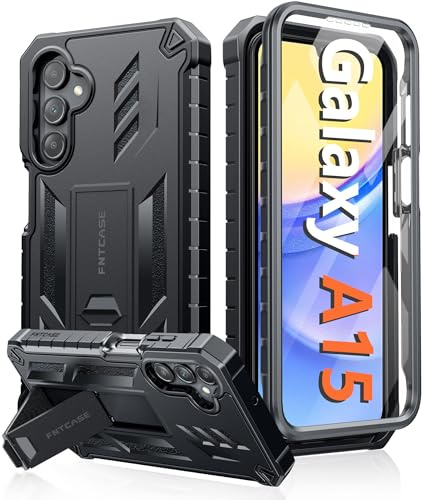 FNTCASE Skal för Samsung Galaxy A15-5G: Militärklassat, fallskyddat mobilfodral med stativ | Kraftigt, robust, helkroppsskydd, stötsäkert, matt texturerat TPU-fodral – 6,5 tum (Svart)