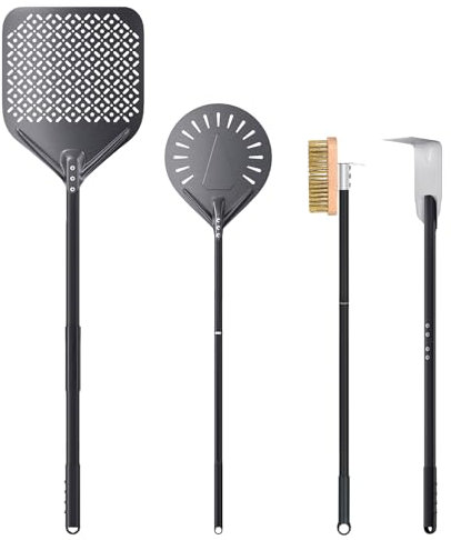 NUTUNI Set di 4, 30 cm x 35 cm Pala per Pizza, 23cm Pala per Pizza in Alluminio Buona Presa,rastrello per cenere, spazzola rotante regolabile