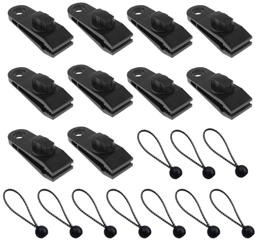 Clips para lonas, 10 clips + 10 tensores de cuerda, tensor de lona con juego de bolas, clips de lona, multifunción, fijación de lona para exteriores, barcos, tiendas de campaña, toldos