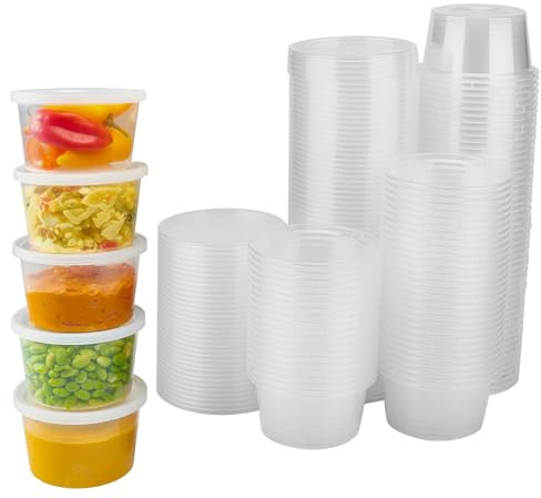 HEIYUET 100 Pezzi Contenitori Plastica con Coperchio 100 ml, Barattoli Trasparente per Alimenti, Ottimo per Salse, Zuppe, Condimenti, Creme, Bricolage