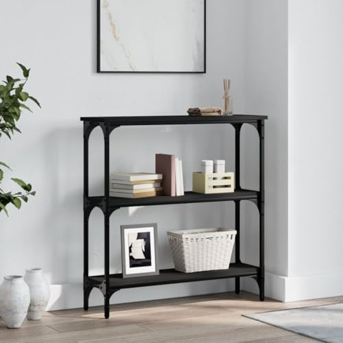 FENLAX Konsolentisch mit Ablagen 75x22,5x75 cm Flurtisch mit Ablagen Ausstellungstisch Wohnzimmermöbel Eingangsbereich Akzenttisch Konsolentisch schmal Holzwerkstoff&Metall Schwarz