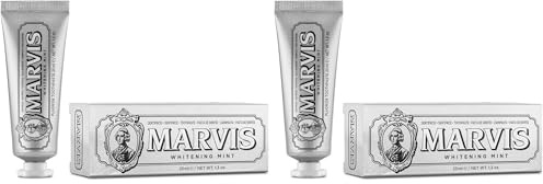 Marvis Pasta de dientes blanqueante de viaje de menta, 25 ml, dentífrico para un blanqueamiento natural, pasta dental refrescante que elimina la placa (Paquete de 2)