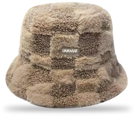 FOSDICK Plüsch Fischerhut, Khaki Kariert Winterhut, Warme Bucket Hat, Damen Hut Winter Kältefest, Verdickt Anglerhut Geeignet für den Innen und Außeneinsatz