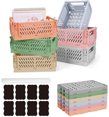 Aiuuee 6 Pièces Caisse Pliable Plastique 25 x 16 x 10 cm, Empilable Caisse Rangement Pliable Boite de Rangement avec Poignée pour Cuisine Chambre à Coucher Bureau(Multicolore)