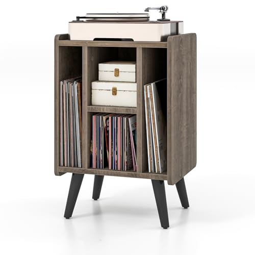 KOMFOTTEU Supporto per Giradischi in Vinile con Stazione di Ricarica, 4 Scomparti Aperti, Mobile Giradischi Potato 90kg, Espositore per Dischi per Ufficio, Soggiorno, 43 x 34,5 x 67,5 cm (Grigio)