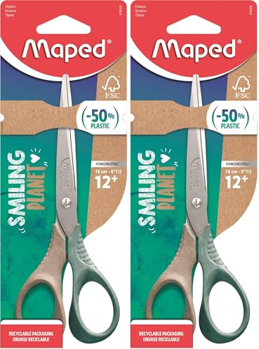 Maped - nachhaltige Schul- und Bastel-Schere SMILING PLANET SHAPE 16 cm - ergonomische 3D Griffe aus FSC-zertifiziertem Holzfaserverbund-Kunststoff (Packung mit 2)