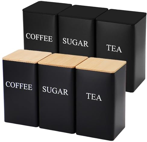 3PCS Tea Coffee Sugar Canisters,1000ML 3 Piece of Metal Canister Storage Jar Container Set with Airtight Bamboo Lid and Name Marker Decorative Kitchen Food Storage Tin for Your Favorite Tea,Sugar