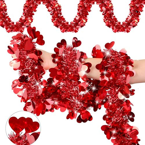 Lametta-Girlande, 15 m, rote Herz-Girlande, Dekoration, Valentinstag, rote Herz-Metallic-Girlande, Valentinstagsdekorationen für Zuhause, Innenbereich, Klassenzimmer, Hochzeit, Party, hängende