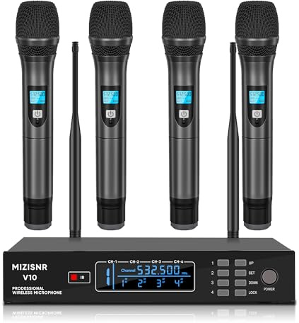 MIZISNR 4 Channel Wireless Microphone System, Professional UHF Cordless Handheld Microphones set for Singer, Metal Receiver with Adjustable Frequency Auto Scan 300ft Range for Singing karaoke Speaking