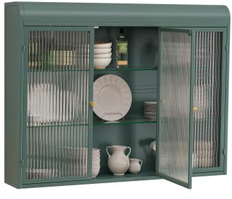 HAINEW Moderner Hängeschrank Küchenschrank Wandschrank mit 3 Glastüren, Metal und Glas Badschrank Sideboard Hängend Medizinschrank für Küche Bad, 90×20×70cm (Dunkelgrün)