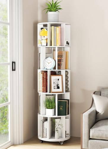 Suuiwau Drehbares Bücherregal mit 5 Ebenen, 360° drehbares Bücherregal mit Rollen | Hoches Bücherregal aus Holz, bodenstehend, drehbar, runde Ecken, drehbar, für Wohnzimmer, Schlafzimmer, Weiß