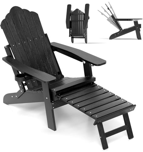 COSTWAY Klappbarer Adirondack Stuhl mit Fußstütze & Verstellbarer Rückenlehne, wetterfester Adirondack Chair aus Kunststoff, Gartensessel mit Getränkehalter für Garten, Terrasse, 180 kg Tragfähigkeit