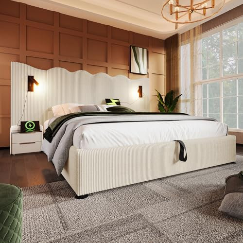 GYNGTLC Stauraumbett Bettgestell mit Lattenrost aus Massivholz und Metall,Polsterbett Doppelbett 160×200 mit Leselampe und USB Type-C Ladefunktion (Beige +Corduroy+Ohne Matratze, 160cm*200cm)
