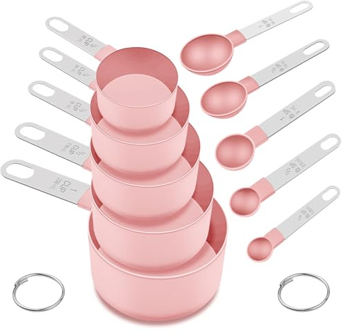 Measuring Cups and Spoons Set, 10 Pieces Nesting Measure Tools, Kitchen Essentials Gadgets with Stainless Steel Handle for Dry & Liquid Ingredient, Pink